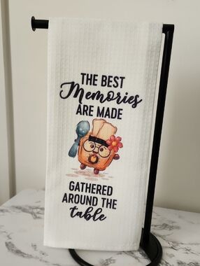 White Kitchen Towel with Playful Toast Graphic and Quote 18i. X 28in